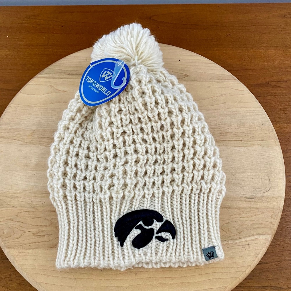 Top of the World Iowa Hawkeyes Knit Pom Beanie Hat Cream White Cuffed NWT NCAA